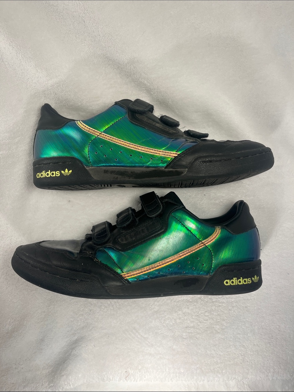 adidas women’s Iridescent Green Velcro Sneakers with Black Accents